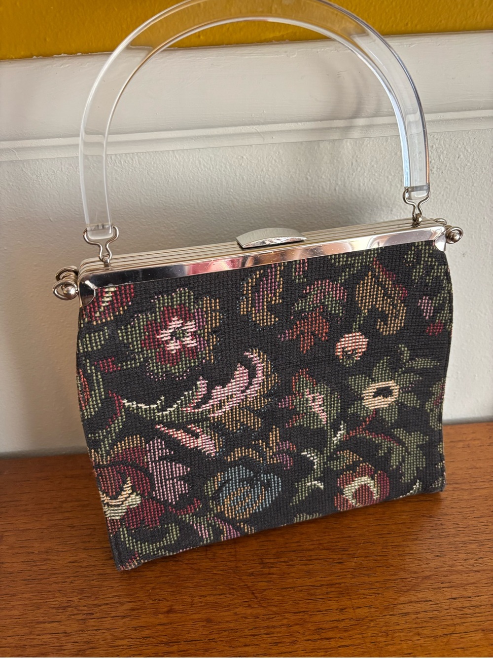 Vintage tapestry bag with lucite handle mid century vintage upholstery handbag